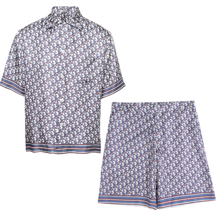 Dior Blue Oblique Pixel Printed Silk Short Sleeve Set