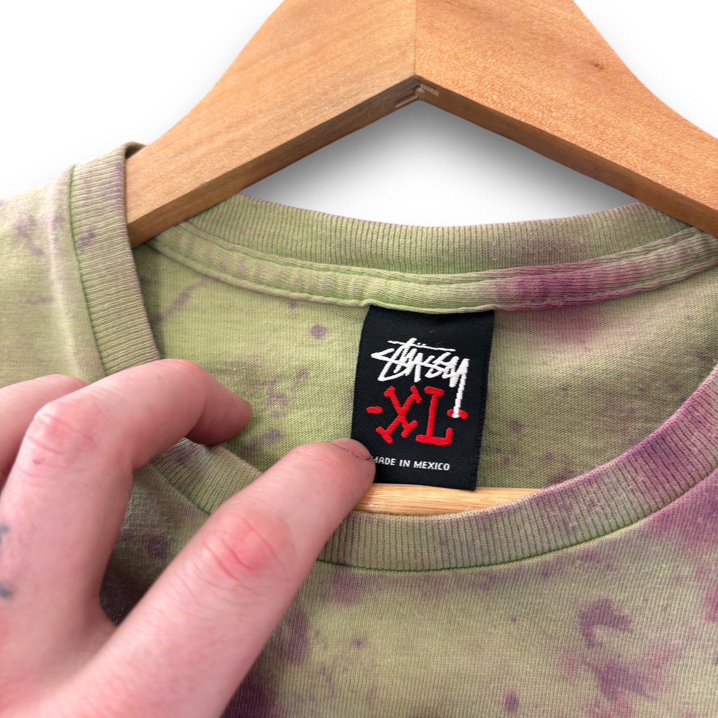 stussy t-shirt, XL, green and purple, custom